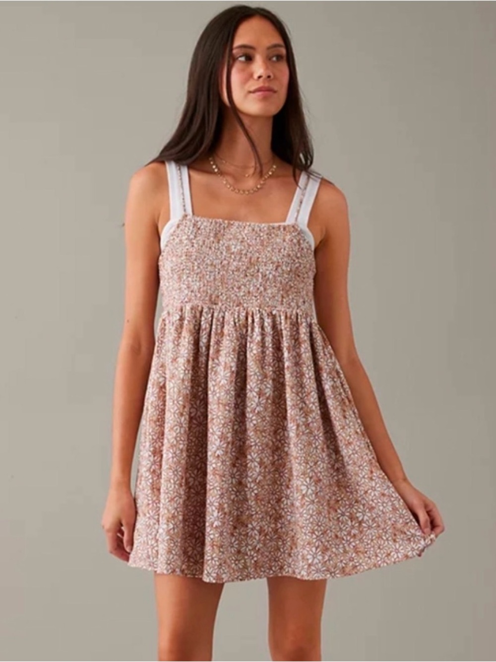 AE Smocked Floral Cami Sundress in Beige and White with Pockets